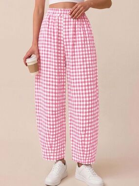 #45 Pretty Garden Pink Gingham Wide-Leg Women’s Pants